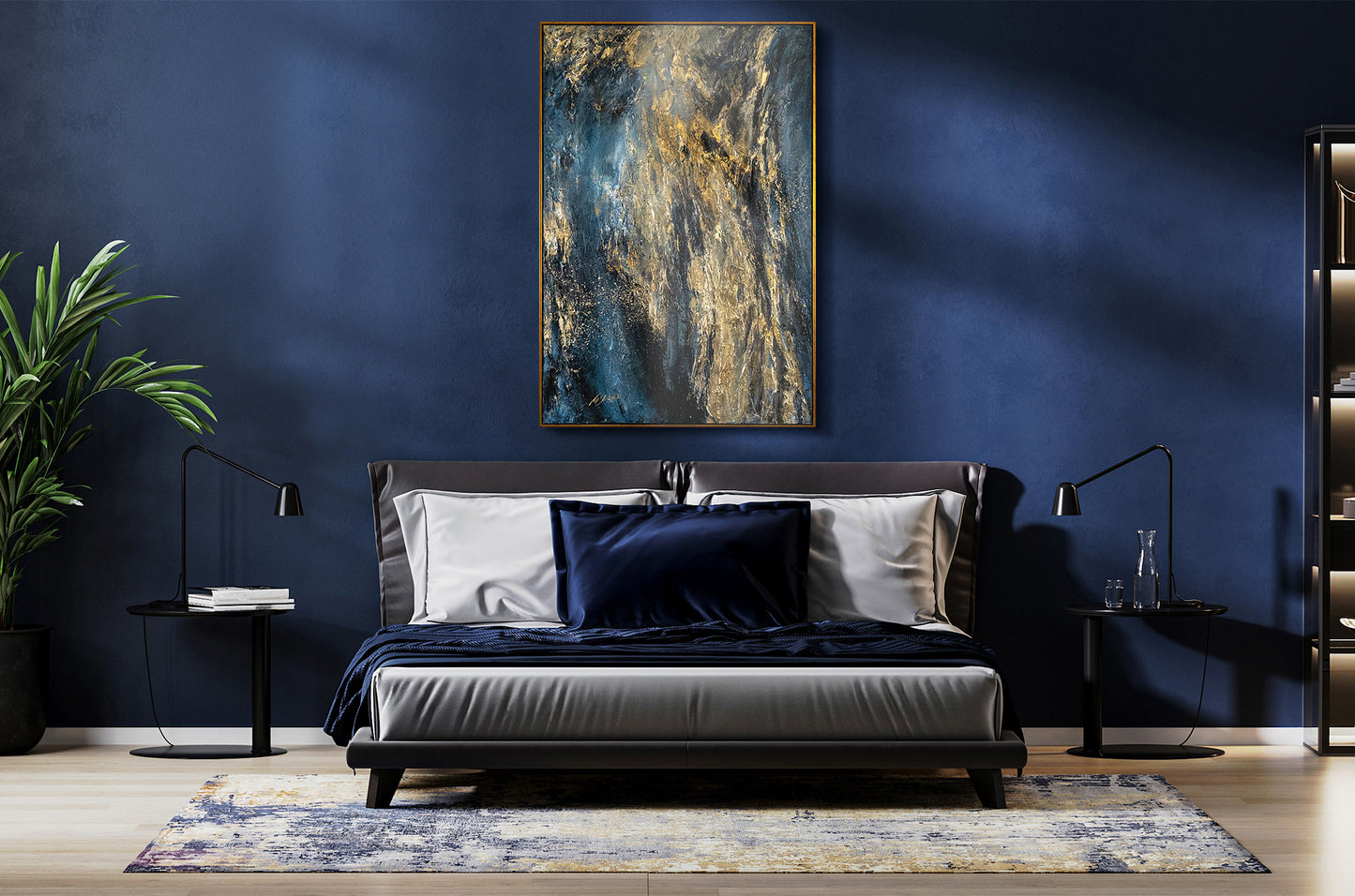 large wall art for bedroom with deep blue colors