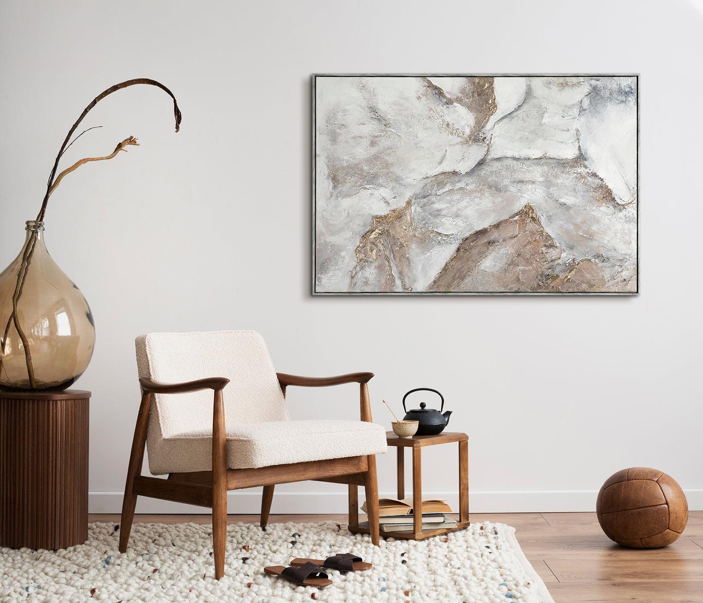 abstract bright paintings for the interior with wooden elements