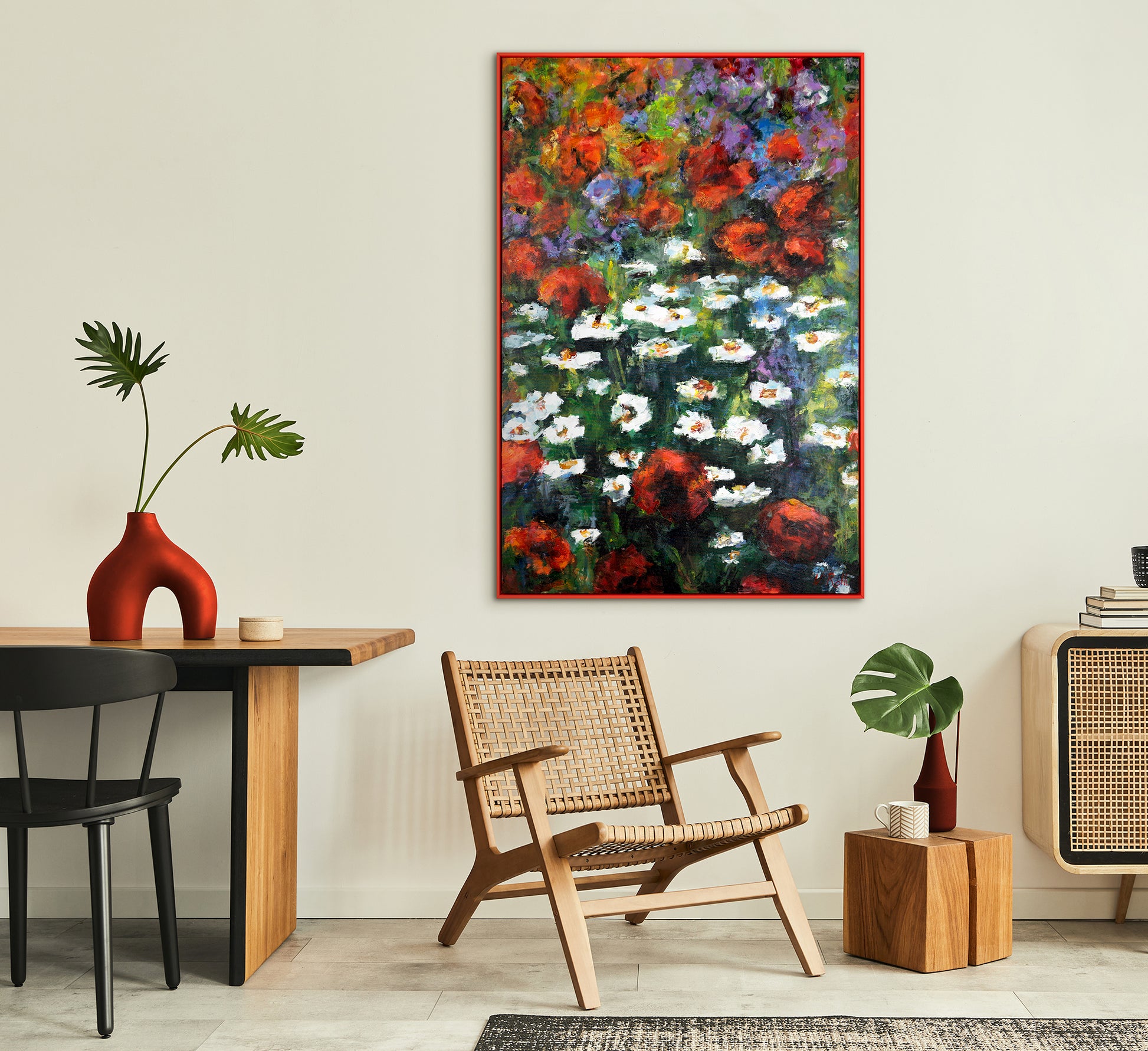 textured acrylic painting in living room