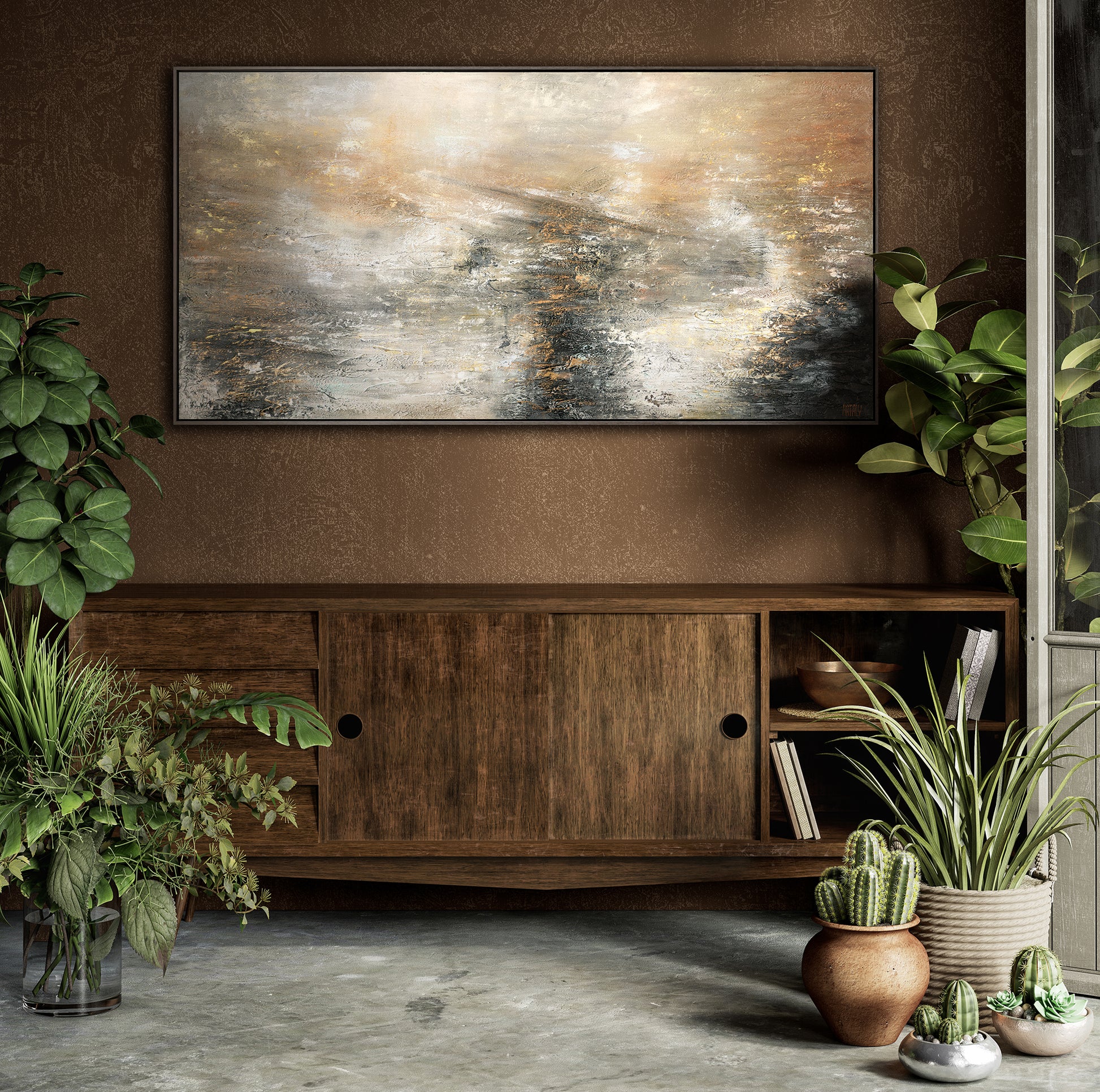 acrylic framed artwork in bright living room