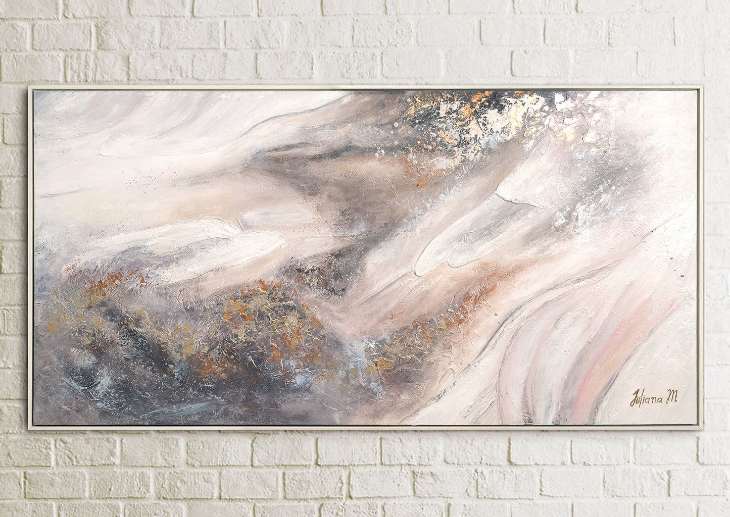 soft color textured canvas art on the white brick wall