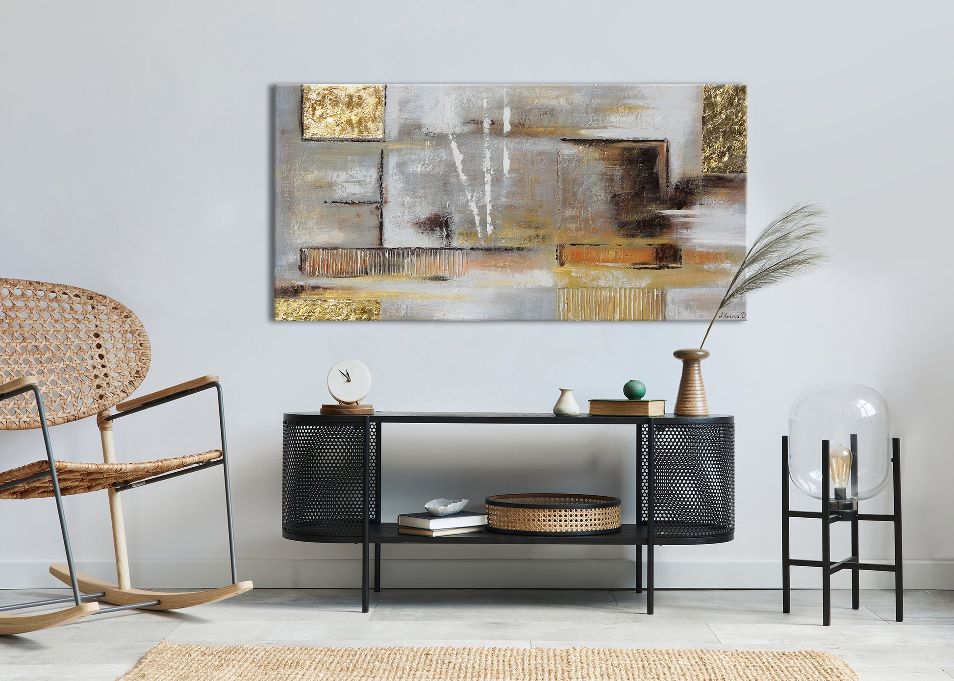 abstract paintings of squares in living room