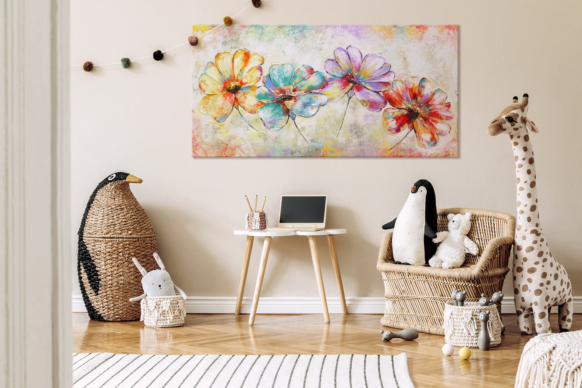 painting abstract flowers in living room