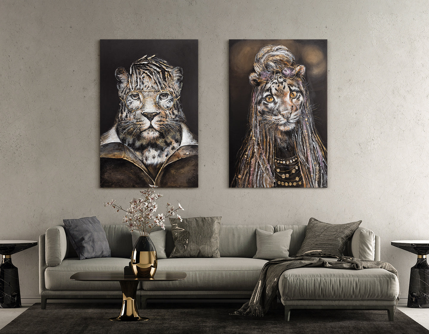 two big cats abstract canvas wall art